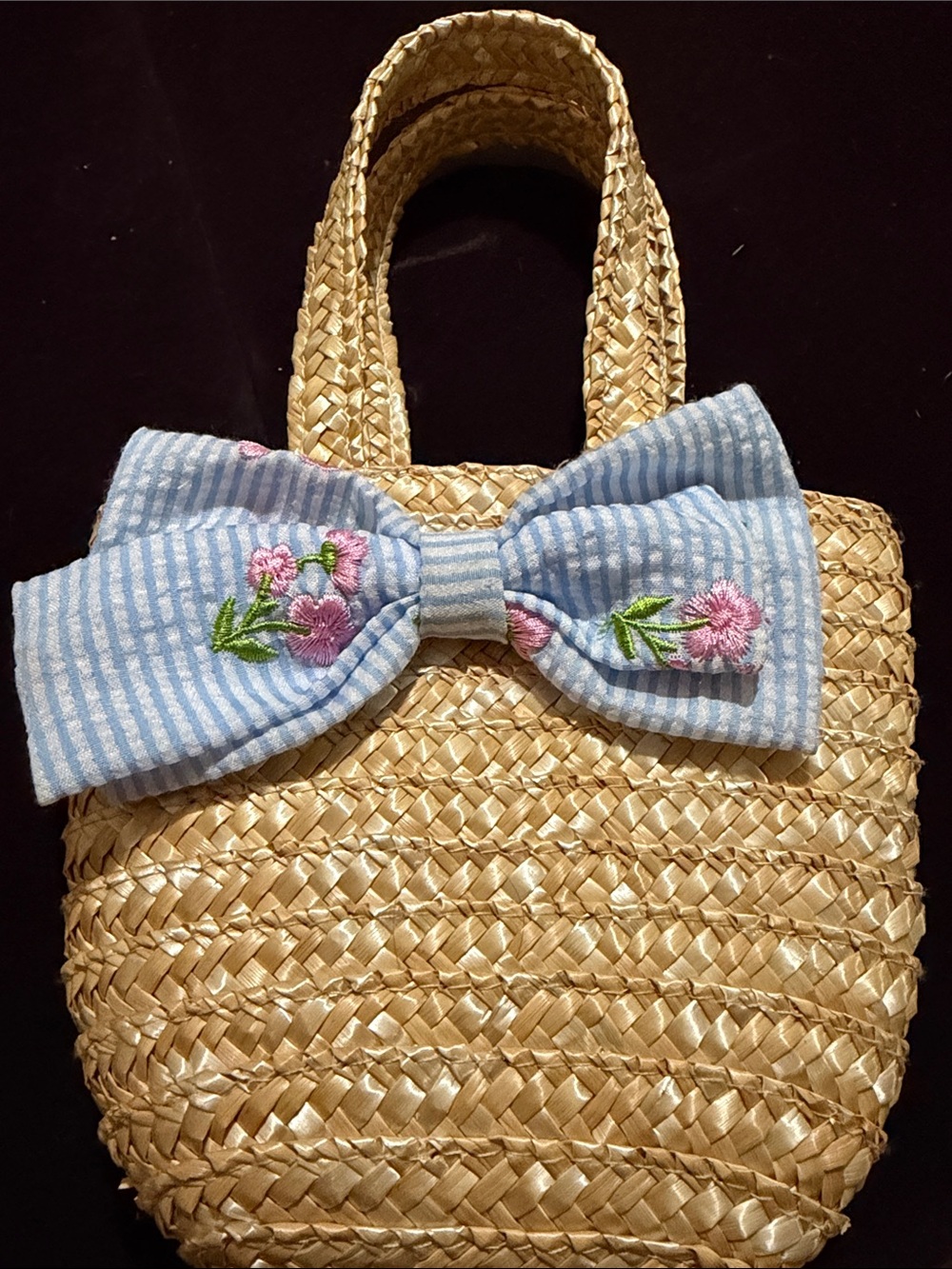 Kids Straw Tote Bag with Blue Striped Floral Bow
